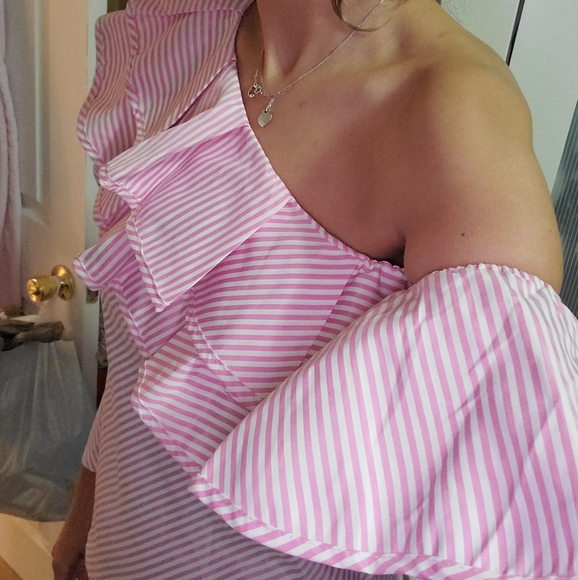 Venti6 Off Pink & White Stripe Off Shoulder Blouse - Picture 6 of 7